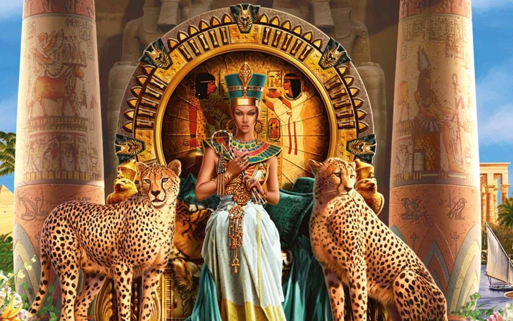 painting of cleopatra n her throne with two leopards by her side
