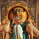 painting of cleopatra n her throne with two leopards by her side