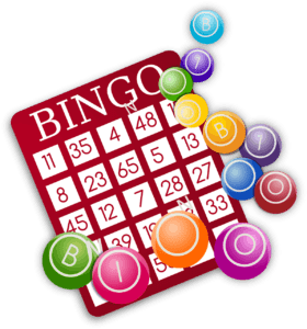 a pink bingo ticket with balls and numbers