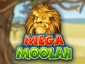an image of the game mega moolah with a lion smiling on the cover and a blurred background