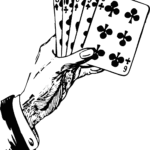 a black and white drawing of a hand holding poker cards